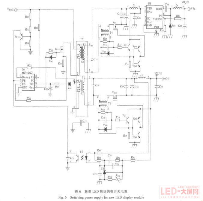 һNLED@ʾģM?f)?  src=http://www.rwq8y.cn/news/2010/11/image/LED20101122-10.jpg><br></p><br>
<b>3.2 LED c(din)ģKԴԭDO(sh)Ӌ(j)</b><br>
<br>
xNCP1207[2]O(sh)Ӌ(j)LED c(din)ģK_P(gun)ԴD6 ʾ1 ԓԴVbulk ֱ늉370400 VR23R25R28Mɵķ։·ɘݔ늉ϵ늉ֵȻoNCP1207 Ķ(sh)F(xin)2_P(gun)VQ14_ͨr(sh)׃(j)@M(ch)VQ14P(gun)]r(sh)͵μ(j)@M3(j)o@MһNCP1207  һNCP1207 _ṩһ(g)˴̖(ho)4R31_P(gun)܌(do)ֵͨ5̖(ho)ɣVDC {(ln)Gݔ·@ĶˣVDC{(ln)GLED(wn)늉ݔ׃μ(j)VDC {(ln)Gݔ늉ͬg(sh) pOܵķ֏(f)pģ6׃μ(j)ݔ·ͬӲͬg(sh)p˓pģȻ(jng)^(gu)һ(g)ݔ{(dio)Buck ׃Q·U5 {(dio)ģݔ(wn)Č(sh)HĹ늉VDC tLED<br>
<br>
D6 ʾ(dng)ݔ늉Vbulk +370 Vɸ(j)wrO(sh)ǡ(dng)ֵ։늉ʹVQ12A (do)ͨĶP(gun)]NCP1207 ݔ}_NCP1207 ֹͣ ԴֹͣoLED c(din)ģK늣෴(dng)늉+370 Vr(sh)PFC ·VQ12A P(gun)NCP1207  Դ½oLED c(din)ģK<br>
<p align="center"><img alt=